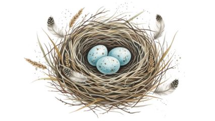Bird nest with three speckled blue eggs and feathers on black background speckled eggs three eggs