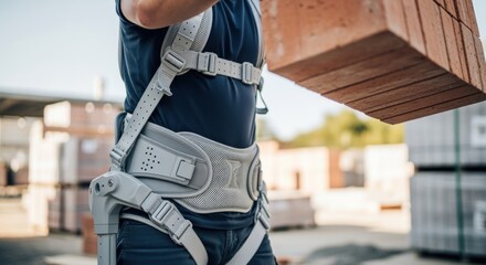 Detailed shots of lightweight exoskeleton harness fitted to laborer lifting bricks emphasizing breathable materials and ergonomic design for long shifts.