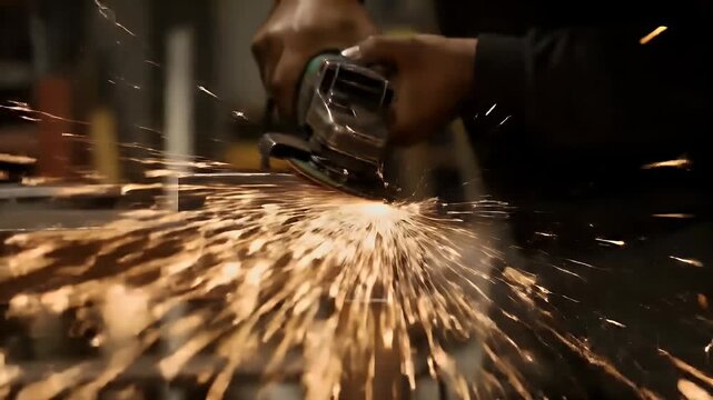 Industrial Worker Grinding Metal with Angle Grinder, Creating Intense Sparks and Heat