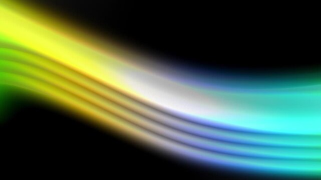 An animation loop of bands of light sweeping diagonally over a black background, shifting from lime and gold to cool cyan and blue, forming glowing and flowing currents of layered waves