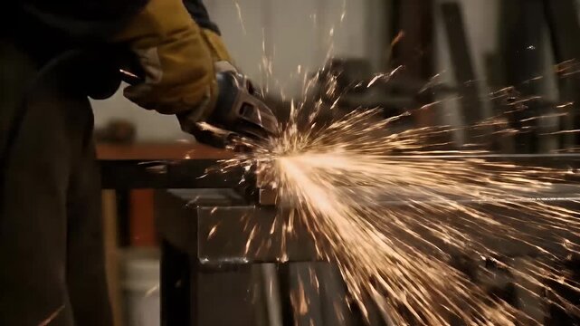 Worker Grinding Metal with Sparks in Workshop