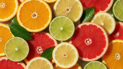 Fototapeta premium Bright colorful citrus fruit slices with fresh green leaves and water drops. Concept of healthy eating and freshness