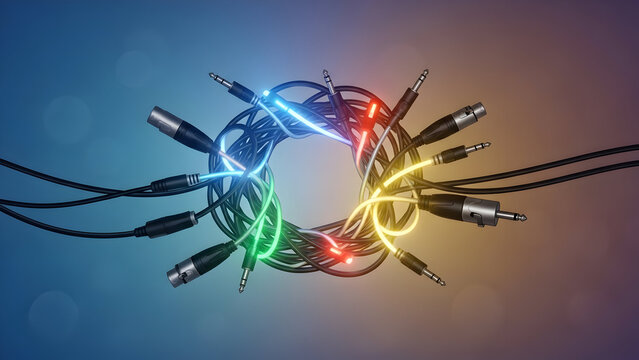 Bundle of colorful audio jack cables forming a circle