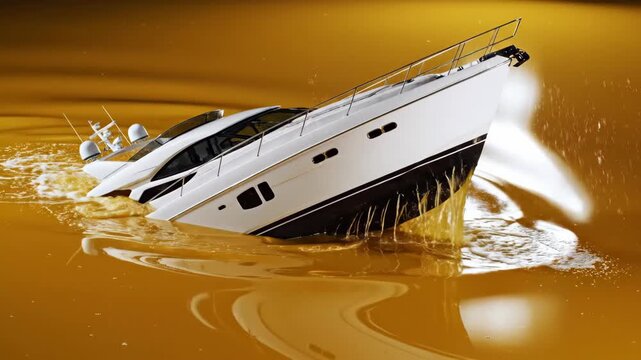Luxury Yacht Sinking in Golden Champagne Liquid 3D Render