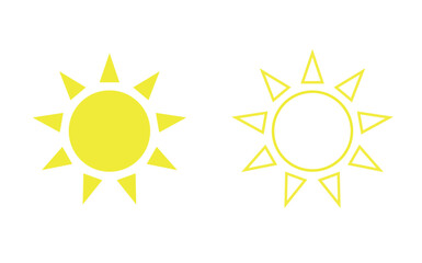 Yellow sun icon set, sunshine and solar glow, sunrise or sunset. 