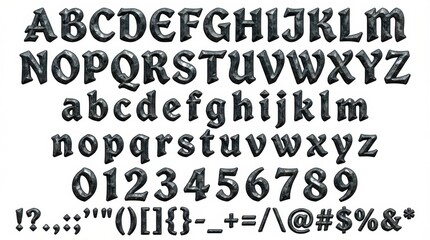 font alphabet in mirror scale stone carved decorative style from a to z numbers punctuation isolated on white background
