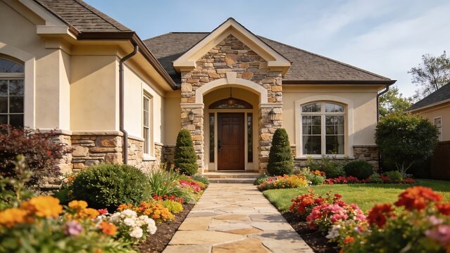 House with stone facade and flower garden