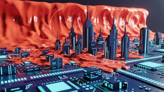 Red liquid wave crashes over futuristic circuit board city representing data breach or virus