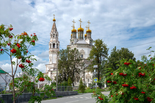 View on the Holy Trinity Cathedral from Sovetskaya Street. Verkhoturye, Sverdlovsk region, Russia