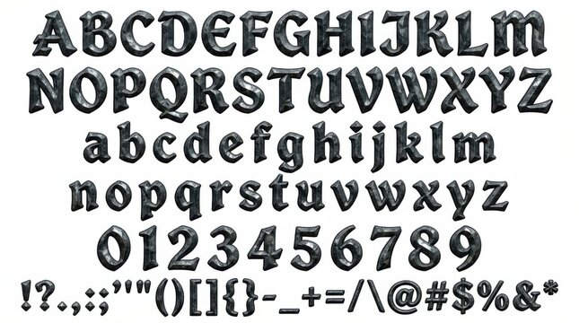 font alphabet in mirror scale stone carved decorative style from a to z numbers punctuation isolated on white background