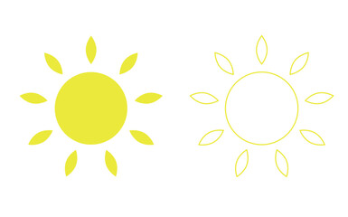 Yellow sun icon set, sunshine and solar glow, sunrise or sunset. 