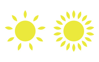 Yellow sun icon set, sunshine and solar glow, sunrise or sunset. 