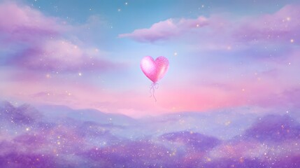 Obraz premium Whimsical pink heart balloon floats above a dreamy fantasy landscape bathed in pastel light