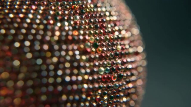 Textured surface of a sphere covered in tiny, iridescent, multi-colored droplets or beads round