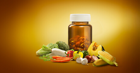 Healthy vitamins, fresh vegetables, and supplements are arranged against a yellow background, highlighting their health benefits and a balanced lifestyle."