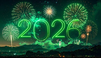 Bright green neon numbers spelling "2026" glow vibrantly against a spectacular night sky filled with festive fireworks explosions, overlooking a sprawling city nestled among mountains.