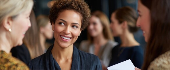 ladies swapping business cards and chatting at a networking meet-up
