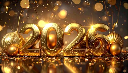 Golden numbers representing the year 2026 are arranged with shiny gold Christmas ornaments and scattered glitter on a reflective surface, bathed in warm bokeh lights.