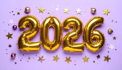 Golden foil balloon numbers for '2026' are centrally positioned on a purple surface, accented by a delightful scattering of star balloons, tiny round ornaments, and sparkling confetti.