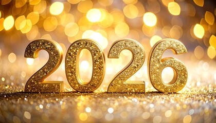 Golden glittering numbers "2026" stand prominently on a sparkling surface, surrounded by fine glitter and warm, diffused golden bokeh background, ideal for festive celebrations.