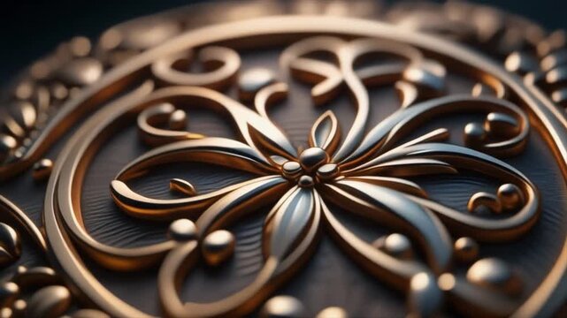 Ornate Gold and Silver Metalwork Detail with Intricate Floral Scrollwork on Dark Wood Texture image photo