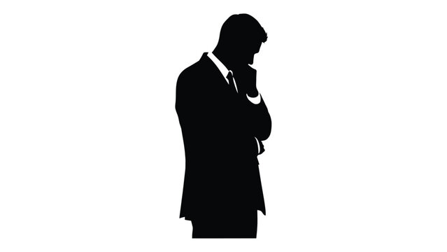 Black silhouette of a thoughtful businessman in a suit standing sideways with his hand resting against his chin in contemplation against a white background