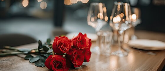 Bouquet of red roses with candles and wine glasses on a table for a romantic dinner at a luxury restaurant with a couple enjoying their time together