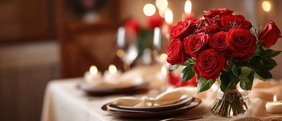 Romantic dinner setup with a bouquet of red roses, candles, and wine glasses at a restaurant for a couple celebrating together on Valentine's Day
