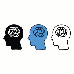 Mental Health Icon Set Showing Anxiety and Confusion Human Head with Tangled Scribble Line in Stigma Solid  Flat and Outline Styles Vector Illustration