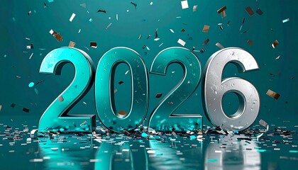 The metallic teal numbers spelling out 2026 are surrounded by a vibrant flurry of falling and scattered confetti, creating a festive atmosphere with reflections on the glossy surface.