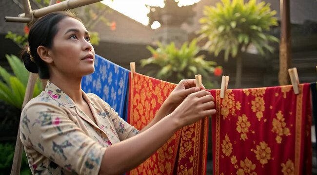 Woman Hanging Colorful Batik Clothes to Dry.