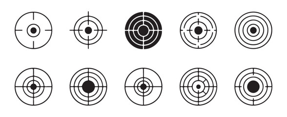 Ten vector target crosshair and bullseye icons collection depicting accurate aiming precision and business goals achievement