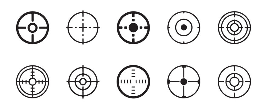 Collection of different aiming crosshair sights and target icons illustrating accuracy focus and precision competition concept