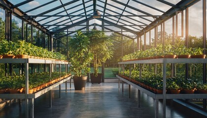 A bright and modern greenhouse interior filled with many green plants thriving in natural sunlight