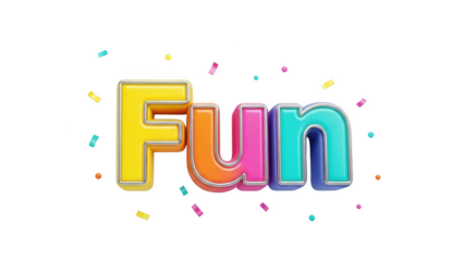 Colorful 3 D letters spelling F U N with confetti on black background word text