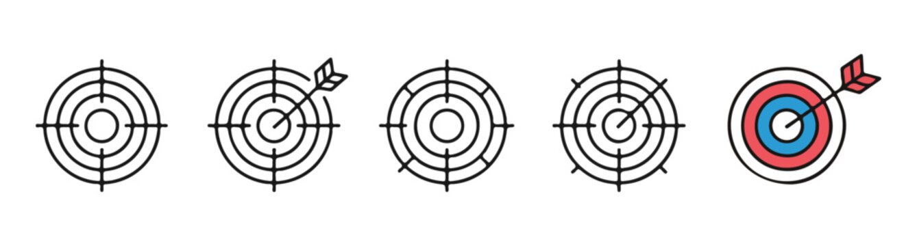 Linear dartboard icons with crosshair markers and colorful bullseye for creative business vision and target accuracy