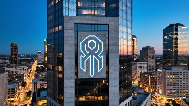Aerial view of glowing rune on skyscraper facade with neon blue light 4K