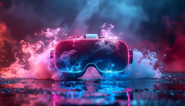 Futuristic VR Headset Glowing with Neon Blue and Pink Light in Cyberpunk Smoke Environment