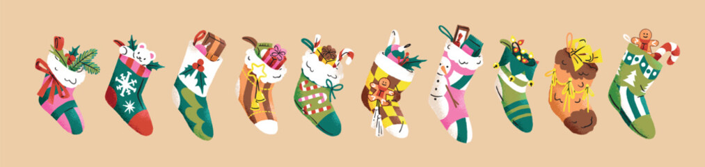 Naklejka premium Set of Christmas socks with Santa Claus gifts. Hanging Xmas stockings with ornaments, candies, toys and giftboxes. Winter holiday decoration with presents. Flat isolated vector illustrations