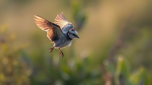 genuineness. A young bird attempting its first flight with awkward wing movements in soft morning light. wildlife magazines, conservation campaigns, designed for wildlife conservation campaigns.