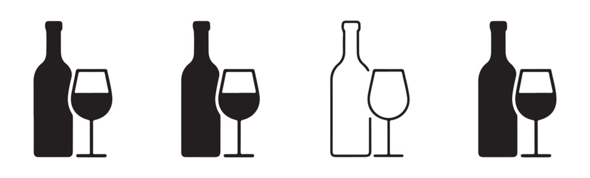 Wine bottle and glass vector icon set symbol of alcoholic beverage celebration drinking and restaurant pictogram signs collection