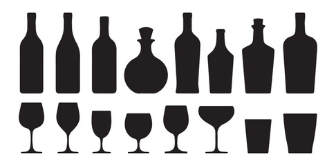 Alcohol bottle silhouettes with wine glass icons collection set for menu design cafe branding and bar beverage bar