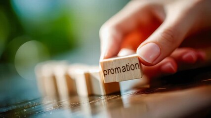 Hands arranging wooden blocks spelling promotion, representing marketing strategy, business growth, and brand development