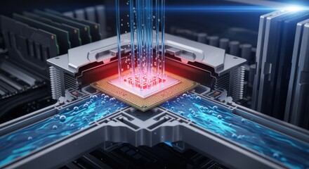Crosssection animation revealing the inner workings of liquid cooling plates attached directly to supercomputer CPUs for rapid heat removal.