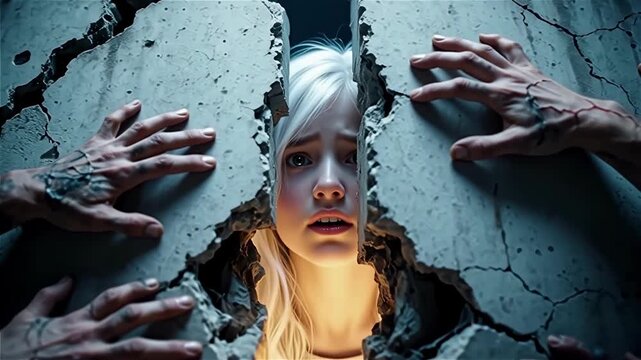 Hands reach for the stone crack where the little girl is
