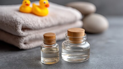 Bottles of baby shampoo and rubber duckies with towels arranged on the bathroom counter in a stocked scene with clear details and high-resolution focus