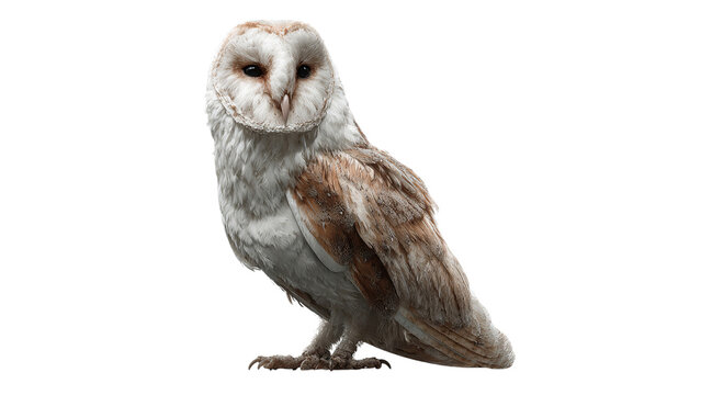 A majestic barn owl with a striking white and brown plumage, perched gracefully against a dark background on a transparent background.