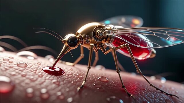 Macro image of a mechanical mosquito with golden metallic sparkling elements