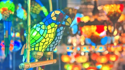 Colorful Mosaic Glass Bird Lamp with Bokeh Light Background, parrot shaped lantern 