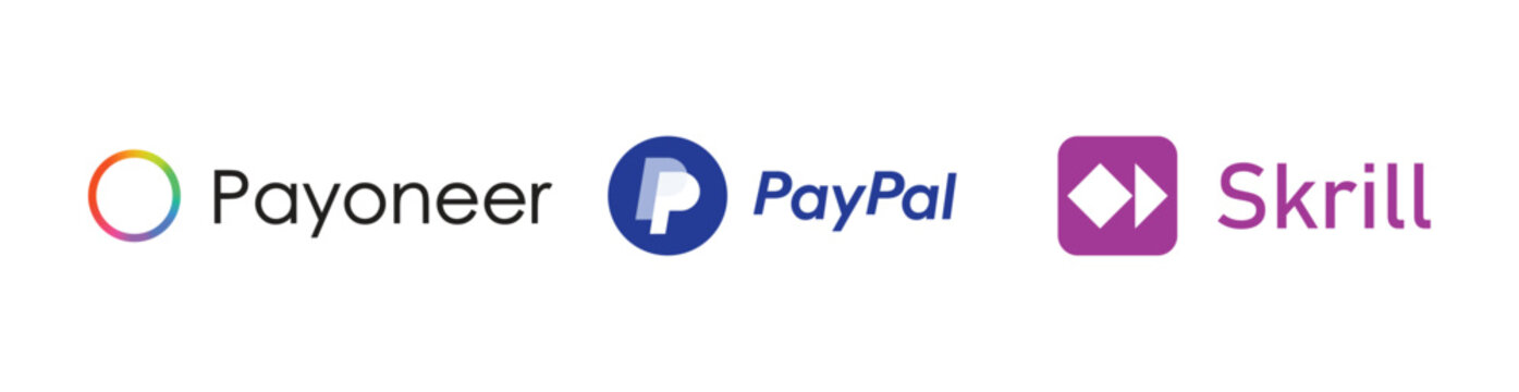 Payoneer, PayPal and Skrill online payment service logos with text, editorial use only